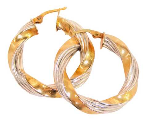 A pair of 9ct gold bicolour twist hoop earrings, 2.5cm diameter, 4.5g.