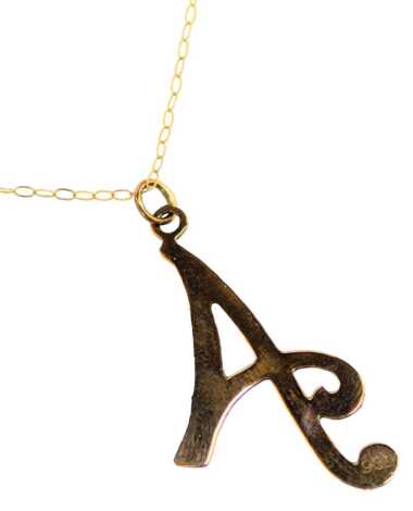 An 'A' initial pendant and chain, the pendant yellow metal stamped 9ct, 3cm high, on a fine link neck chain, stamped 375, 0.9g, 44cm long.