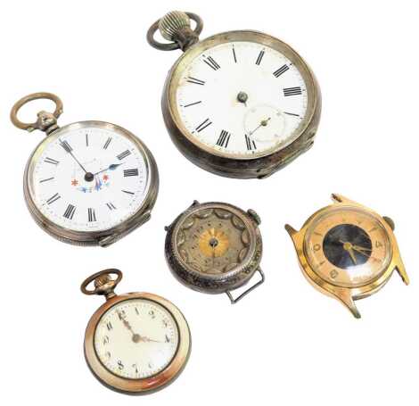 A group of assorted watches, comprising a Victorian silver cased pocket watch, with white enamel dial, a Continental fob watch, white metal, stamped 800, and two various watch heads. (5, AF)