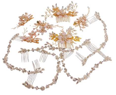 A group of various clip on hair pieces, each stone set.