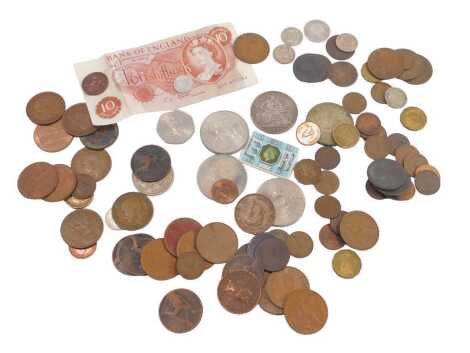 Various coins, to include modern collector's fifty pence, commemorative crowns, pennies, halfpennies, ten shilling note, etc. (a quantity)