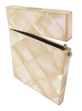 A 19thC mother of pearl inlaid card case, with steel clasp and a crushed purple velvet lined interior, 10cm high.