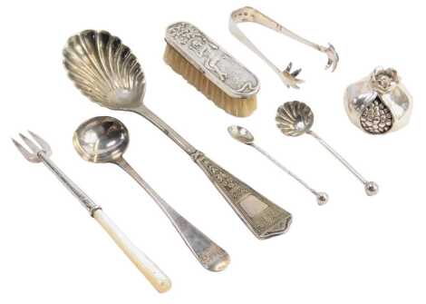 A group of silver and other wares, comprising a Continental miniature nailbrush, with semi clad female, white metal stamped 925, a pair of miniature silver sugar nips, silver spoon with rope twist stem, salt spoon, William IV Old English pattern mustard s