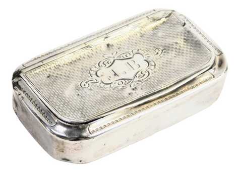 A 19thC silver plated snuff box, of rectangular form with engine engraved decorated bearing the initials JB, white metal unmarked, 1.44oz. (AF)