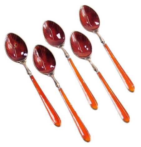 A set of five Elizabeth II silver and enamel teaspoons, with orange guilloche decoration, Birmingham 1973, 1.54oz.