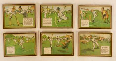 Charles Crombie. A set of six comical Laws of Cricket colour prints, each 15cm x 20.5cm.