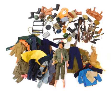 A Palitoy Action Man and accessories, including boots, clothing, weapons, etc. (1 tray)