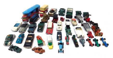 Corgi, Budgie and other playworn diecast, including Corgi Jaguar XK120, Corgi Toys Citron Saffari, Corgi Toys Ford Consul Classic, Corgi Toys Chipperfield's articulated horsebox, Trix three rail locomotive, Benbros Qualitoy armoured personnel carrier, etc