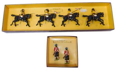 A W Britain lead First Duke of York's Own Lanciers (Skinner's Horse) toy soldier set, comprising four figures on horseback, together with a 45th Rattray's Sekhs two figure set, boxed.