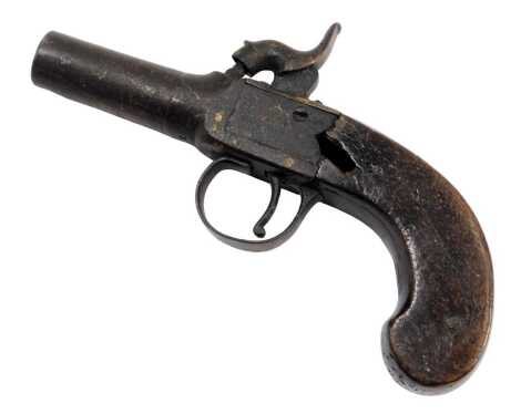 A 19thC boxlock pistol, with wooden stock, 15cm wide. (AF)