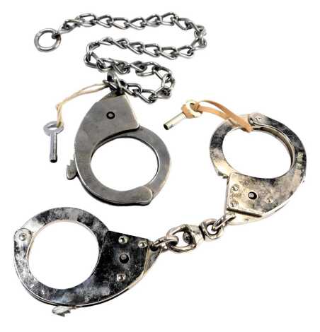 A Hiatts 1960 single handcuff, and a Hiatts 1960 double handcuff, each with key. (2)