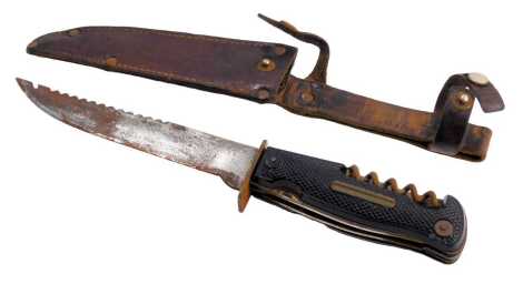 A Solingen hunting knife, with penknife top, in leather sheath stamped Decora DBGM Germany, 25cm long.