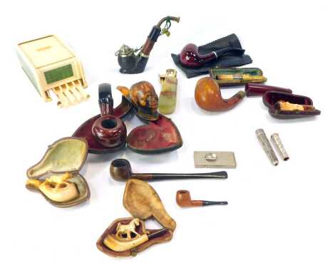 Smoking interest, to include meerschaum pipes, Bakelite and shagreen cigar case, cigarette cutter, meerschaum pipe cases, etc. (a quantity)