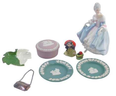 Various collectables, comprising Wedgwood pin dishes, a Limoges ladybird trinket box, a Royal Albert mother ladybird figure, silver whisky label, Royal Doulton Southern Belle figure, and a Carltonware dish. (a quantity)