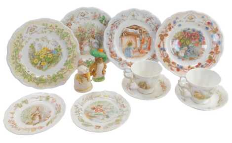 Royal Albert Beatrix Potter, comprising two cups and saucers, The Seasons plates, side plates, Royal Doulton Mrs Crusty Bread figure and a Beswick Benjamin Bunny figure.