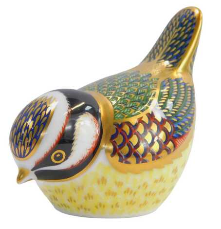 A Royal Crown Derby porcelain paperweight, of a Bluetit, with gold stopper, 8cm high.