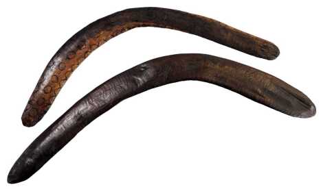 Two carved wooden aboriginal boomerangs, 44cm and 50cm diameter.