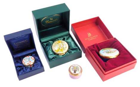 A group of enamel boxes, comprising Halycon Days For Your Future Happiness, a floral basket decorated example, a Crummels and Rochard '50' box and a With Love box, three boxed.