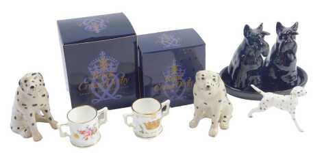 Two Royal Crown Derby porcelain loving cups, together with a Dalmatian novelty salt and pepper set, etc.