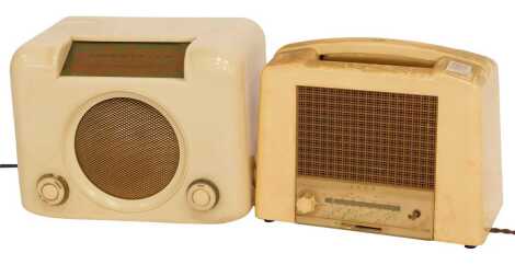 Two vintage cream Bakelite radios, comprising an Ekco radio, type U215, 21cm high, and a Bush radio, type D.A.C. 90A, 24cm high. (AF)WARNING! This lot contains untested or unsafe electrical items. It is supplied for scrap or re-conditioning only TRADE ONL