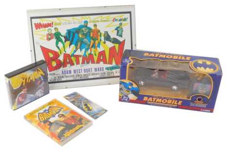 Batman toys, comprising Batman Gold Collection discs, Batman Holy Edition, print of Batman poster bearing printed signatures, a Batman 1960 DC Comics Corgi model car, and a Batman keyring. (5)