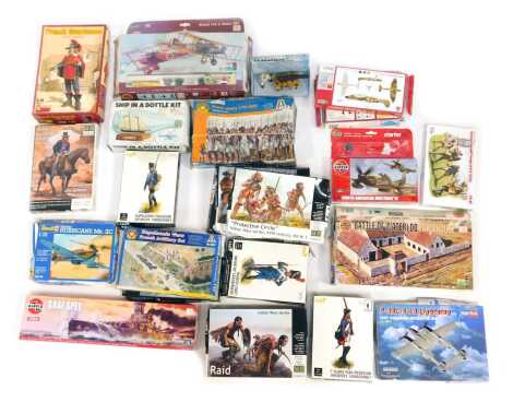 A group of model soldier kits, to include Revell, Airfix, Mini Art, ship in a bottle, and others. (a quantity)