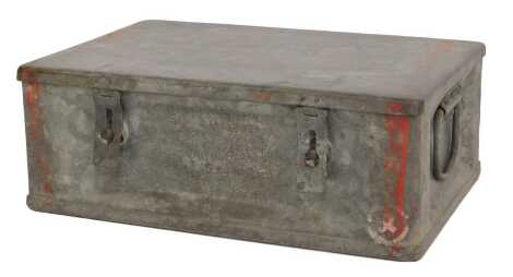 A galvanised two handled metal case, the hinged lid enclosing a tin lined interior, possibly military for food, 18cm high, 52cm wide, 36cm deep.