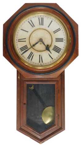 A 19thC American Ansonia mahogany cased drop dial wall clock, the circular dial bearing Arabic numerals, eight day, with pendulum, 80m high. (AF)