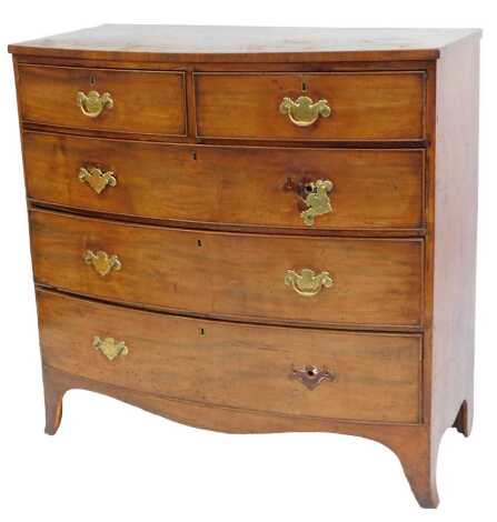 A George III mahogany bow front chest, of two short over three long graduated drawers, raised on bracket feet, 104cm high, 106cm wide, 53cm deep.