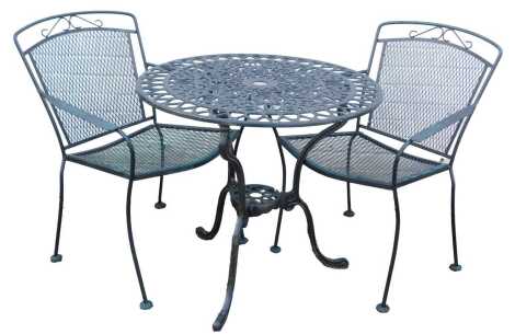 A cast metal garden table, together with two chairs.