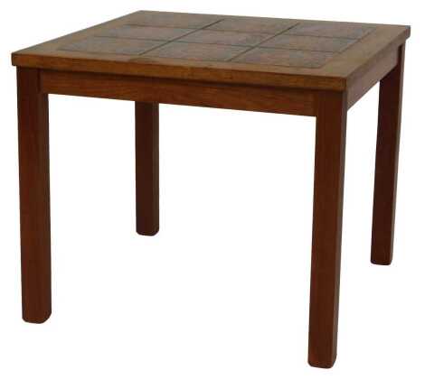 A mid century tile top coffee table, the square top inset with nine floral tiles, raised on square legs, 49cm high, 57cm wide, 57cm deep.