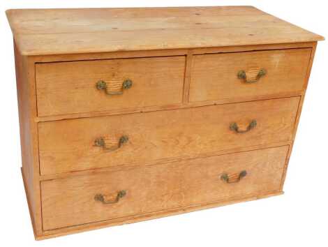 A Victorian pine chest of drawers, the top with a rounded edge above two short and two long drawers, on a plinth base, 82cm high, 121cm wide, 55.5cm deep.