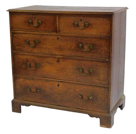 A 19thC oak chest of drawers, the top with a moulded edge above two short and three long drawers, on bracket feet, 99cm high, 99cm wide, 53cm deep. (AF)