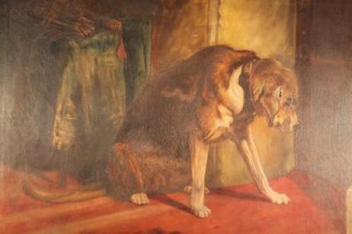 Follower of Sir Edwin Landseer. Interior scene with a dog waiting outside his master's door