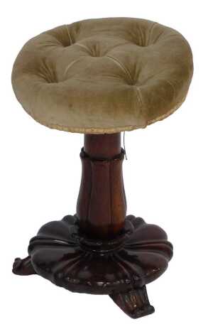 A Victorian rosewood adjustable piano stool, with overstuffed button seat, on cylindrical petalated carved column, on cylindrical flower head base, raised on three scrolling feet, 48cm high, the seat 34cm diameter.