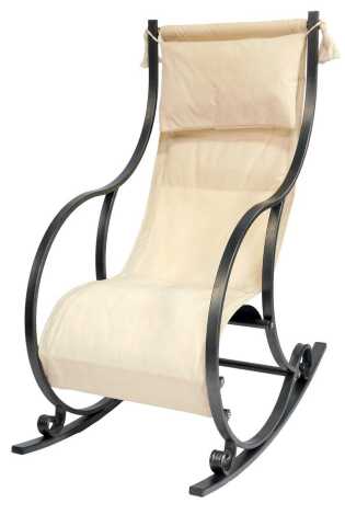 A wrought metal rocking chair, after a design by H C Andersen, with cream padded seat.