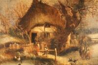 19thC English School. A winter scene with figures outside a thatched cottage