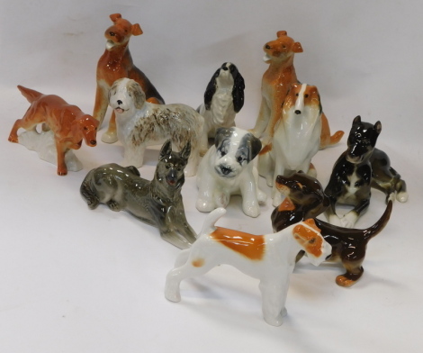 A group of Lomsonov and other porcelain dogs, including a Daschund, Borzoi, etc. (a quantity)