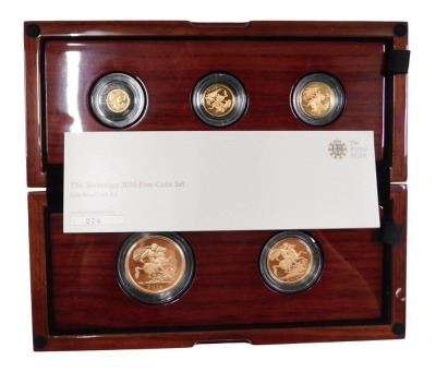 A Queen Elizabeth II 2016 sovereign five coin gold proof set, comprising five sovereign piece, double sovereign, sovereign, half sovereign, quarter sovereign, limited edition number 276/500.