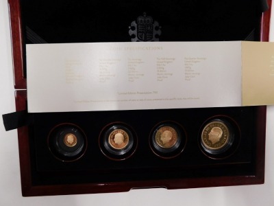 A Queen Elizabeth II memorial 2022 four gold coin proof set, comprising double sovereign, sovereign, half sovereign, and quarter sovereign, limited edition number 72/750, with box and packaging. - 2