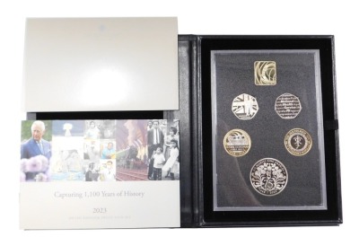 A King Charles III 2023 United Kingdom proof commemorative coin set, limited edition number 5810, with box and packaging.