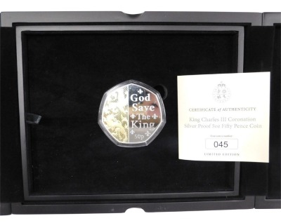 A King Charles III Coronation silver proof five ounce fifty pence coin, limited edition number 45, with box and packaging.