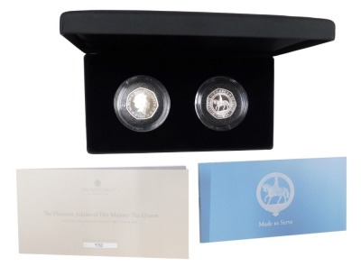 A Platinum Jubilee of Her Majesty Queen Elizabeth II 2022 UK fifty pence silver proof two coin set, numbered 532, with box and packaging.