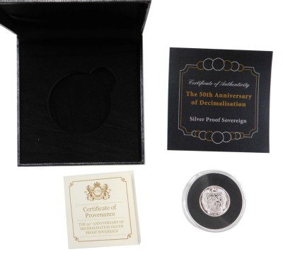 A 50th anniversary of decimalisation silver proof sovereign, with box and packaging.