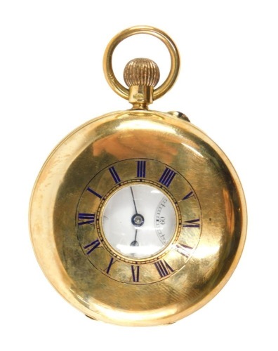 A John Perry of Nottingham 18ct gold half hunter pocket watch, with white enamel Roman numeric dial and seconds dial, with a bezel wind seventeen jewel movement, numbered 151761, 116.8g all in.