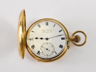 A John Perry of Nottingham 18ct gold half hunter pocket watch, with white enamel Roman numeric dial and seconds dial, with a bezel wind seventeen jewel movement, numbered 151761, 116.8g all in. - 2