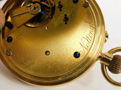 A John Perry of Nottingham 18ct gold half hunter pocket watch, with white enamel Roman numeric dial and seconds dial, with a bezel wind seventeen jewel movement, numbered 151761, 116.8g all in. - 4