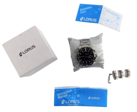 A Lorus chronograph gent's wristwatch, the blackened face with white and red battened dial, on a stainless steel strap, boxed.