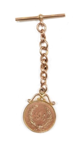 A 9ct gold presentation crest for 22nd Birthday 1921, rose gold curb link chain with T bar, 14g all in.