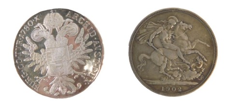 An Edward VII 1902 silver five pound coin, and a Maria Theresa Thaler coin. (2)